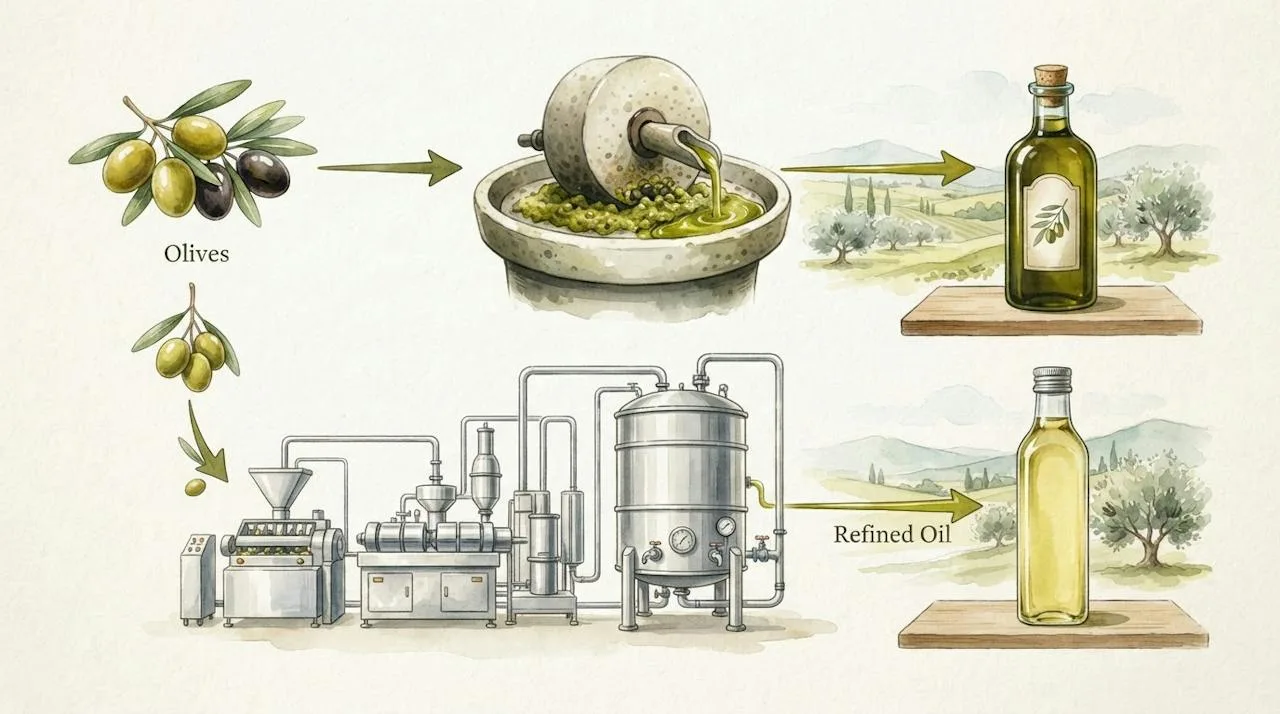 Watercolor illustration of olives pressed directly into a green-gold bottle on one path and passing through a refining tank into a pale bottle on another