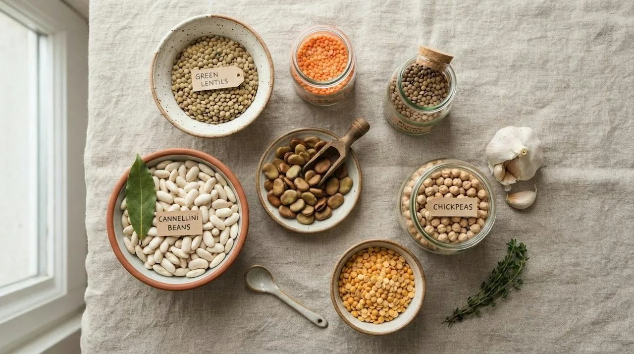 Flat-lay of dried chickpeas, green, brown and red lentils, cannellini beans, fava beans and split peas in bowls and jars