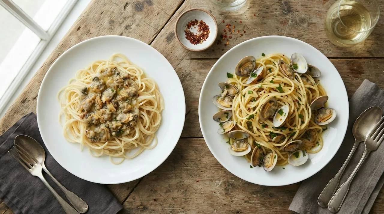 Two plates of spaghetti with clams: sauce poured on top with dry pasta underneath, and glossy pan-finished spaghetti evenly coated