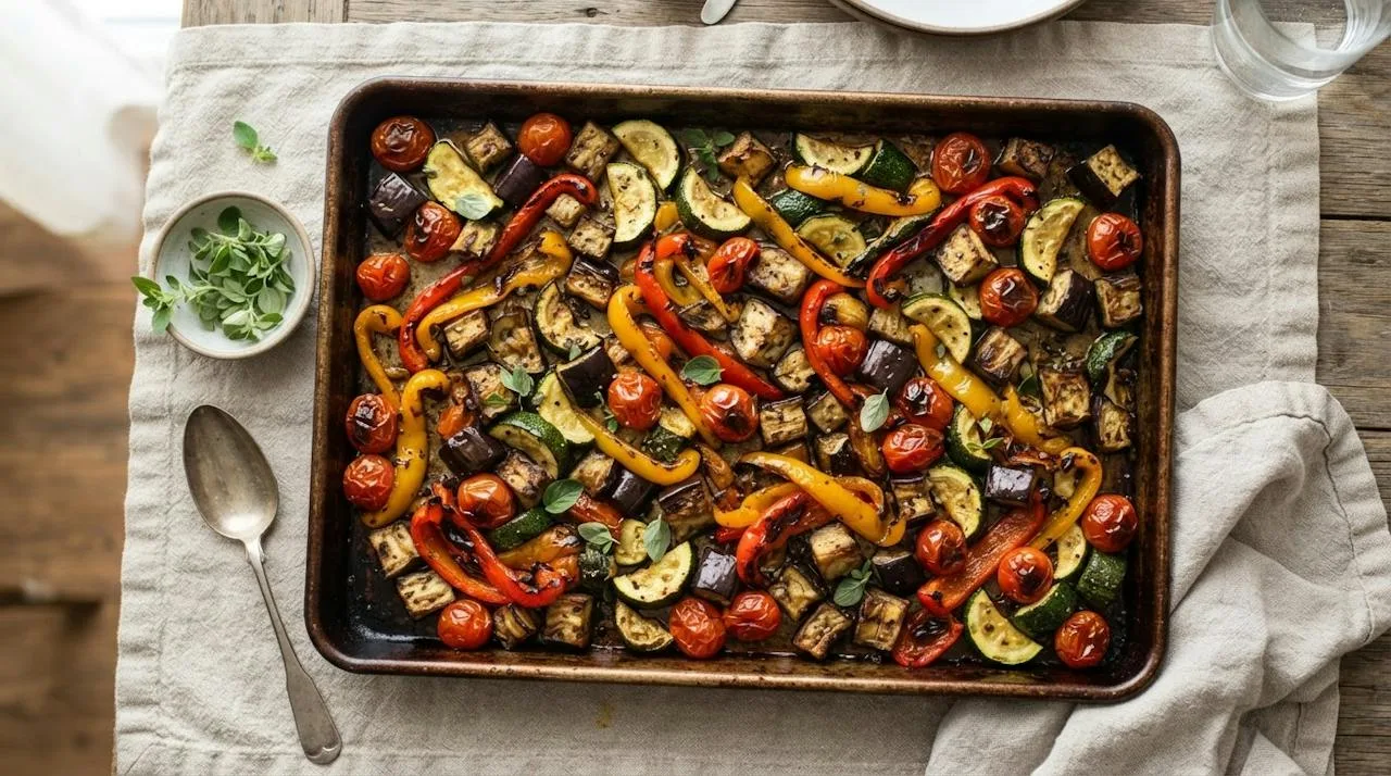 A sheet pan of roasted summer vegetables with eggplant, zucchini, peppers and cherry tomatoes, browned at the edges