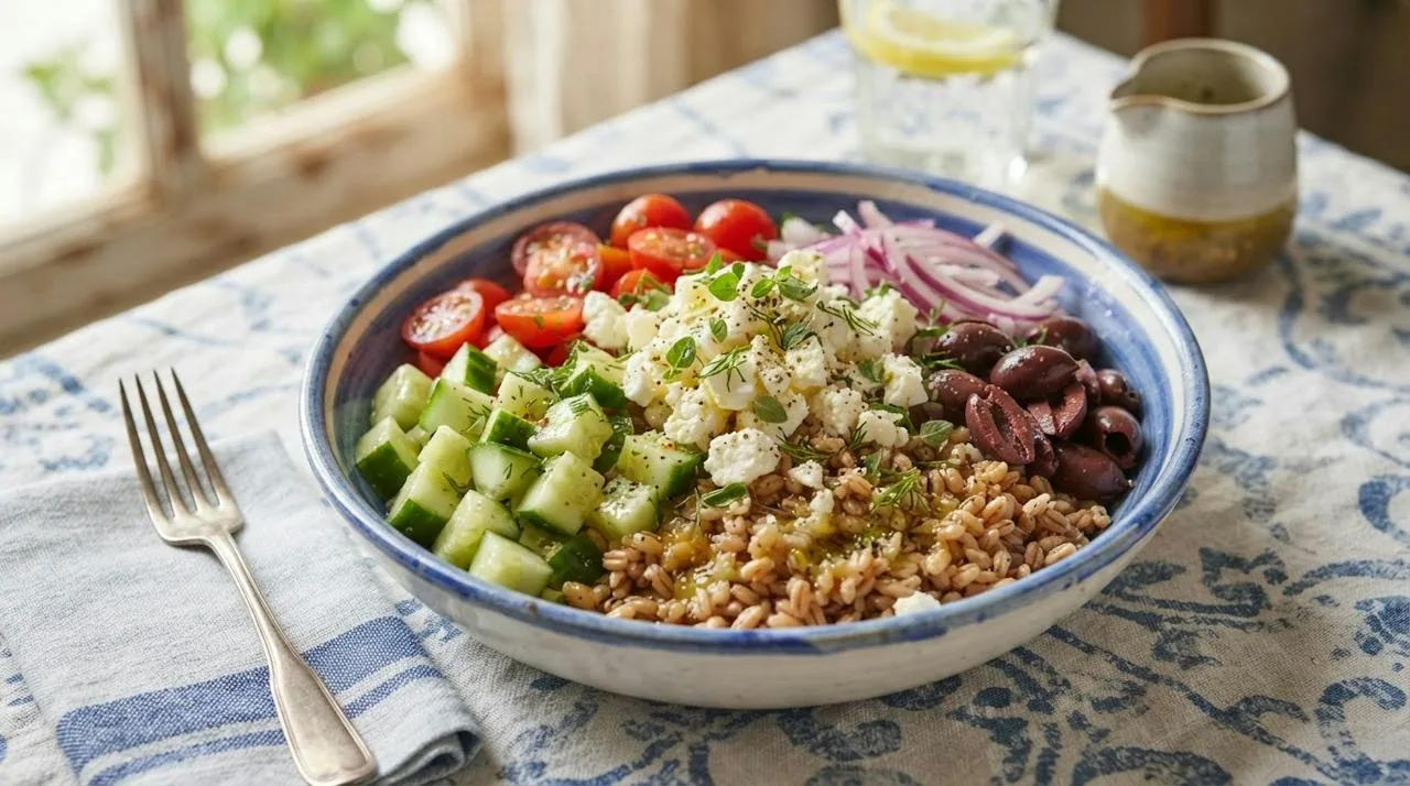 Greek-style grain bowl with orzo or farro, cucumber, tomato, red onion, olives, feta, oregano and lemon vinaigrette
