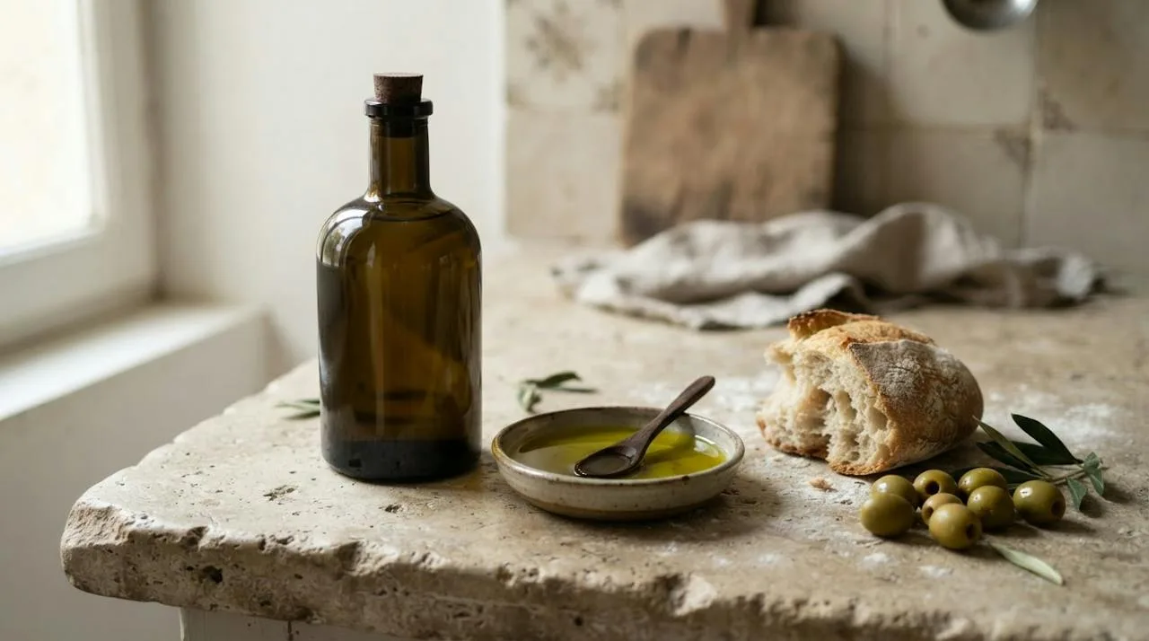 A dark glass bottle of extra virgin olive oil with a dish of golden-green oil, bread and green olives