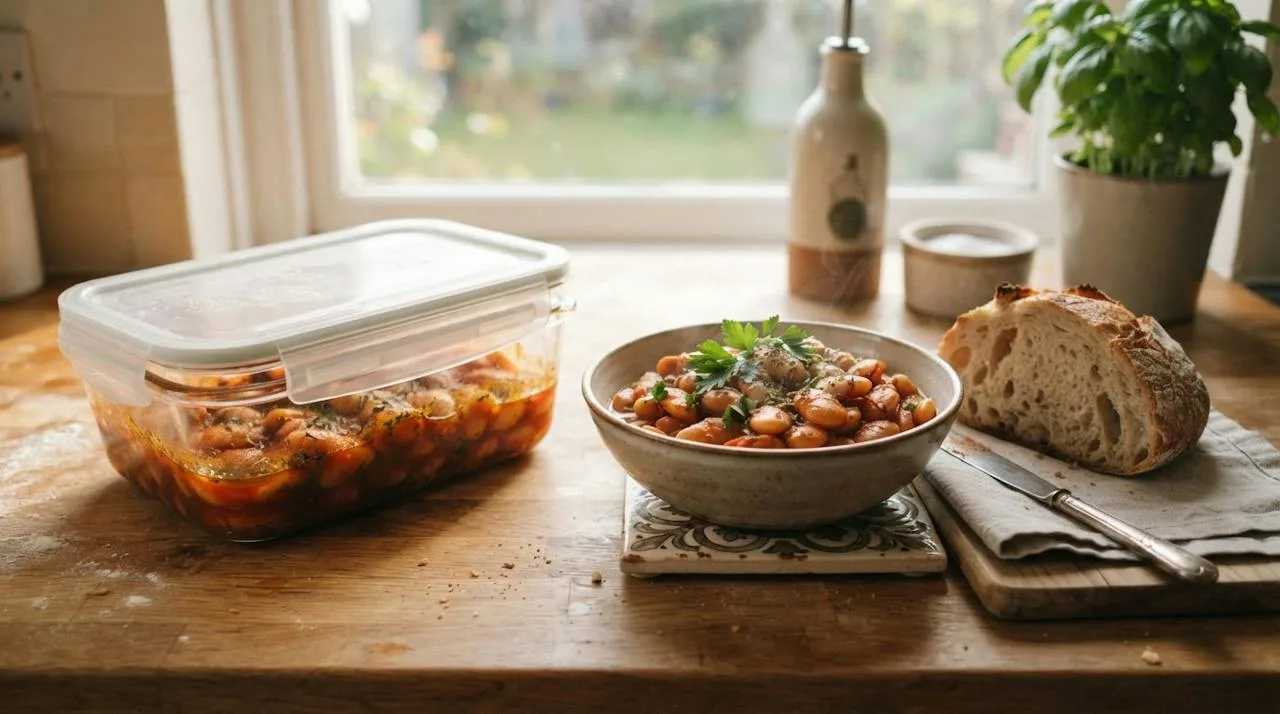 Leftover Greek baked giant beans in a covered glass container next to a bowl with bread