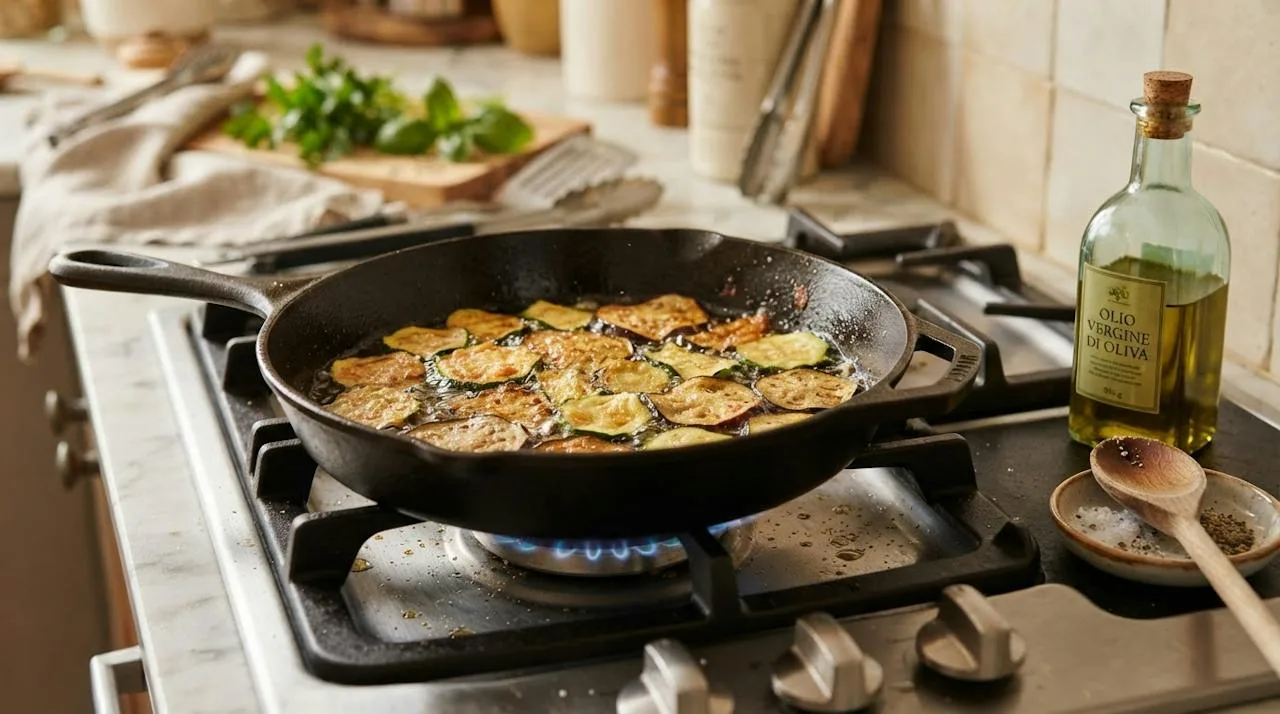 Zucchini and eggplant slices shallow-frying golden in olive oil in a heavy pan with a bottle of pale olive oil beside the stove