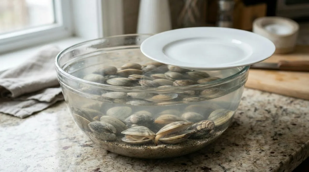 Live Manila clams soaking in a glass bowl of cold salted water