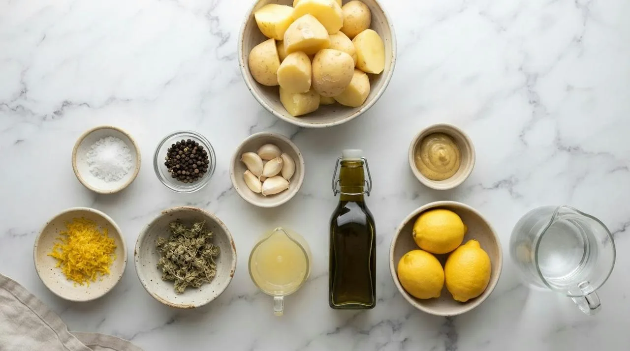 Ingredients for Greek lemon potatoes: peeled potatoes, lemons, lemon juice and zest, olive oil, garlic, dried Greek oregano, Dijon mustard, salt, pepper and water