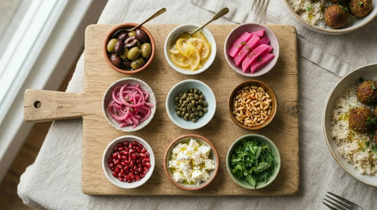 Small dishes of bowl toppings: olives, preserved lemon, pickled turnips, pickled red onions, capers, pine nuts, pomegranate seeds, feta and herbs