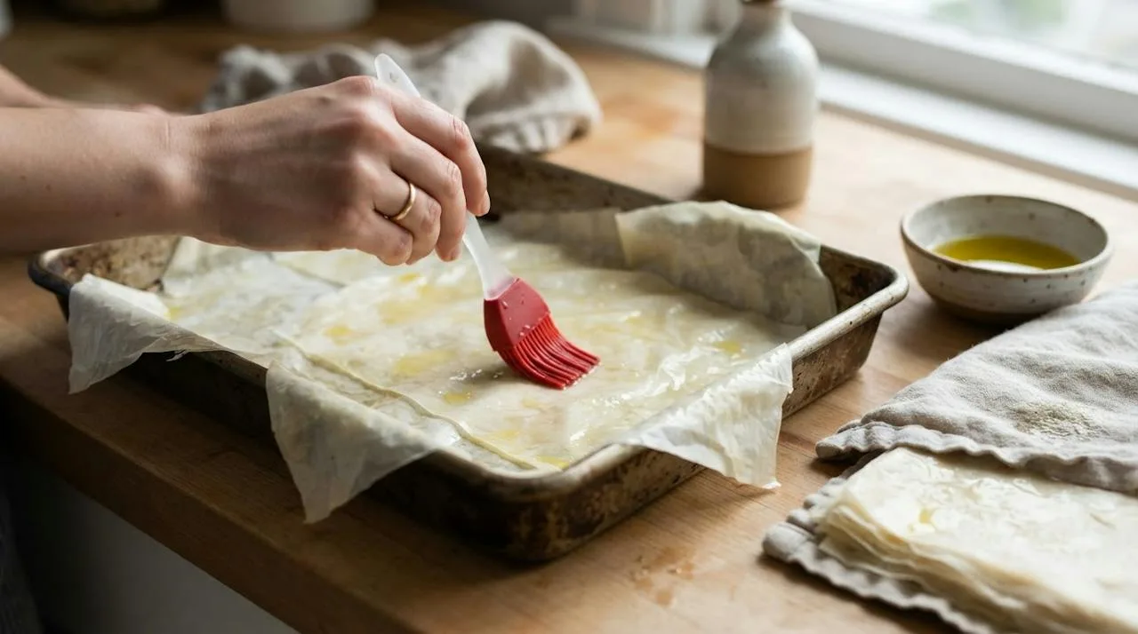 A hand brushing olive oil onto phyllo sheets layered in a metal pan, corners hanging over the edges