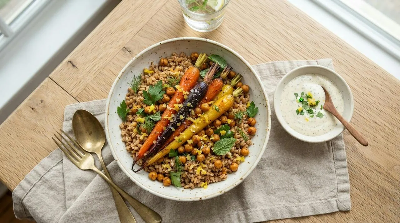 A farro grain bowl with roasted carrots, chickpeas, herbs and chopped preserved lemon rind, with preserved lemon yogurt dressing
