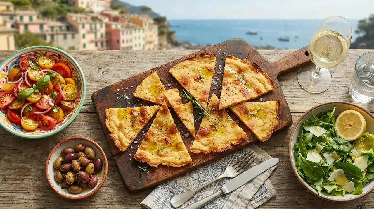 Farinata wedges with olive oil, flaky salt and rosemary served with a tomato salad, olives and a green salad