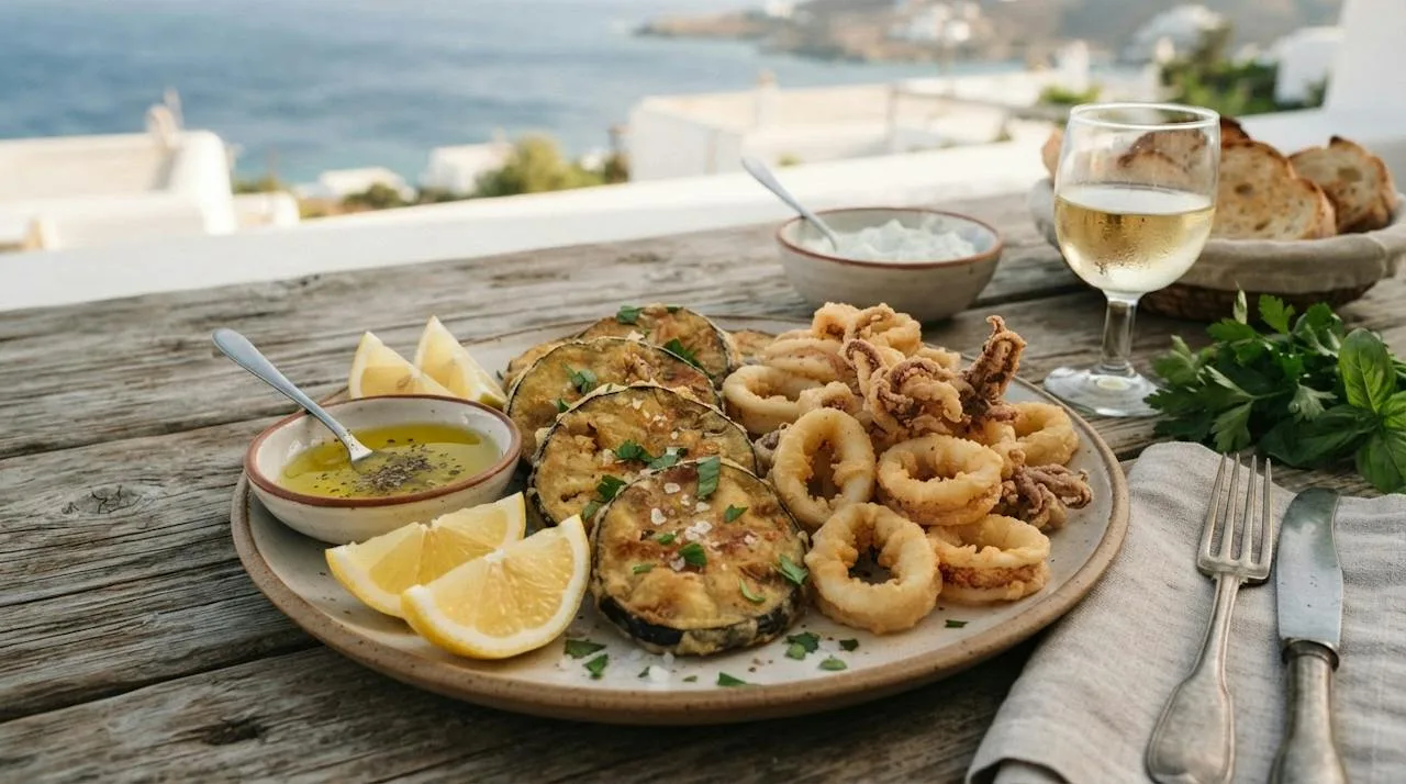 Golden fried eggplant slices and fried calamari with lemon wedges on a rustic table