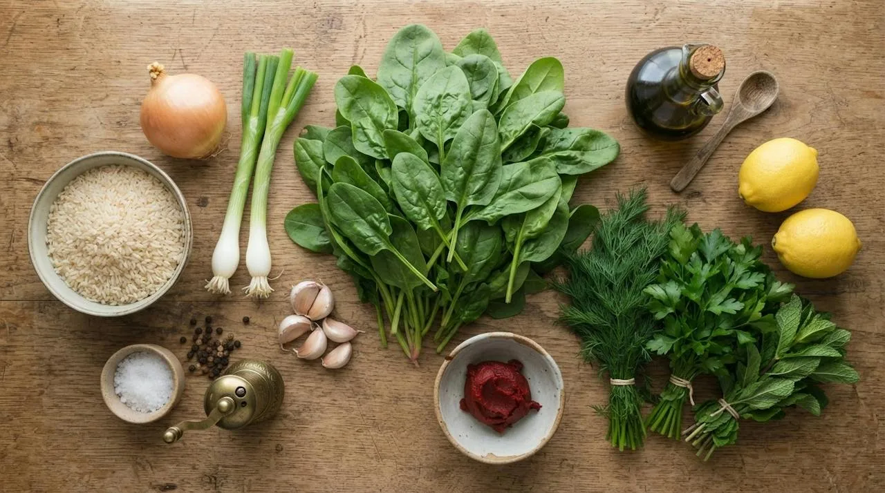 Spanakorizo ingredients: fresh spinach, medium-grain rice, onion, spring onions, garlic, tomato paste, olive oil, dill, parsley, mint and lemons