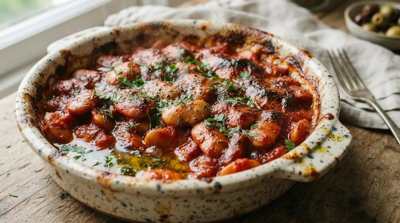 Baked giant beans in thick glossy tomato sauce with a lightly browned top and pools of olive oil at the edges