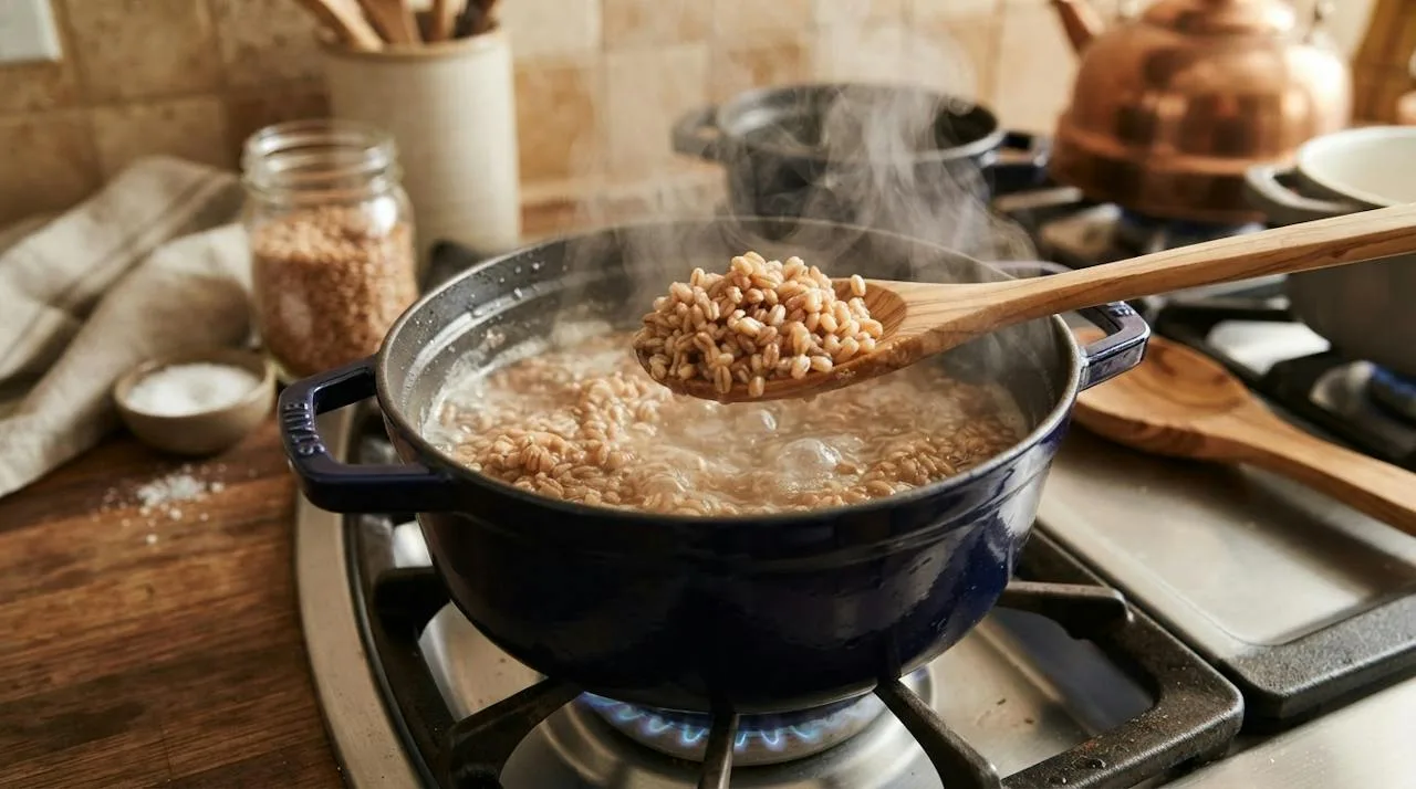 Pot of farro simmering in salted water with a wooden spoon lifting chewy plump grains