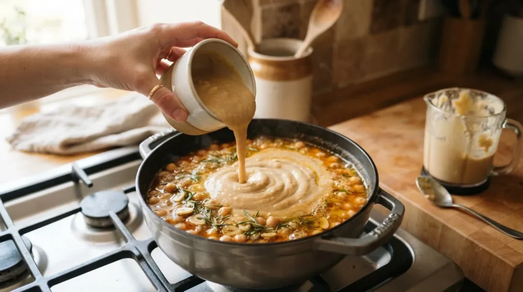 Blended chickpea purée being poured back into a pot of simmering chickpeas with garlic and rosemary