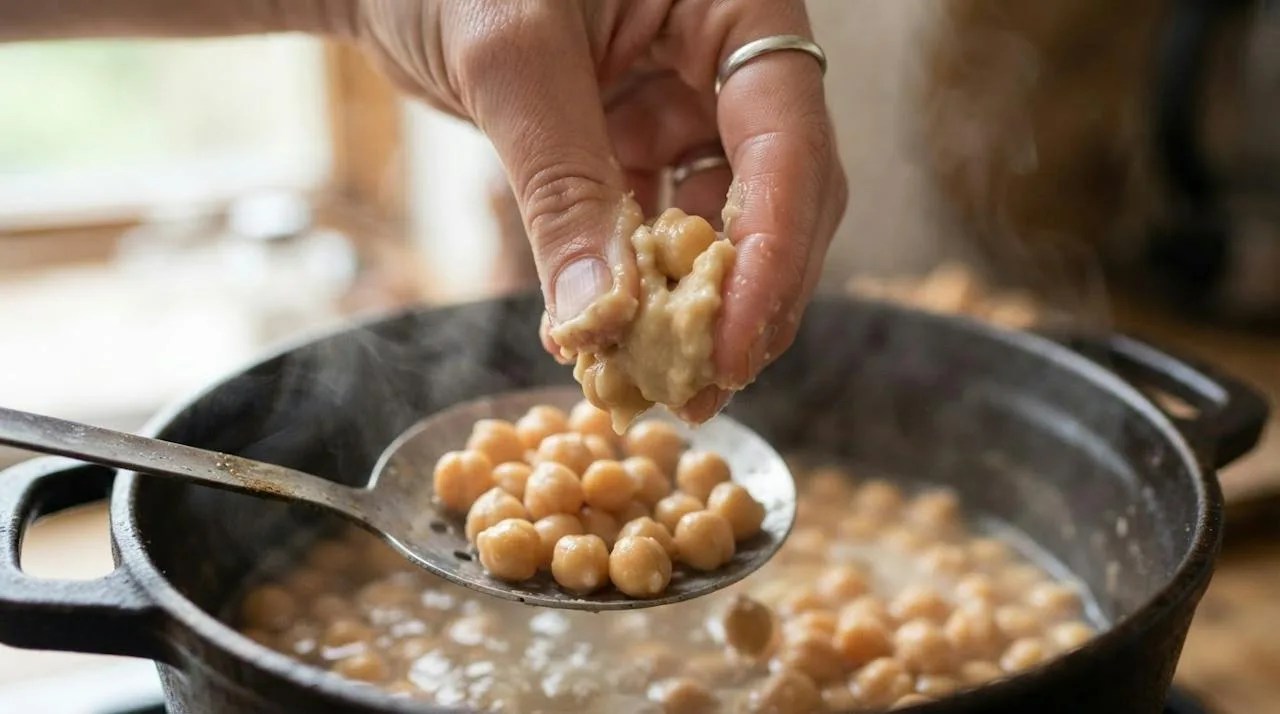 Fingers squeezing a cooked chickpea into a smooth creamy paste to test doneness over a pot of chickpeas