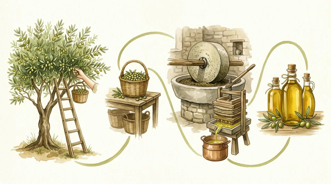 Watercolor illustration of the olive oil journey from olive tree to harvest basket to stone mill to bottle