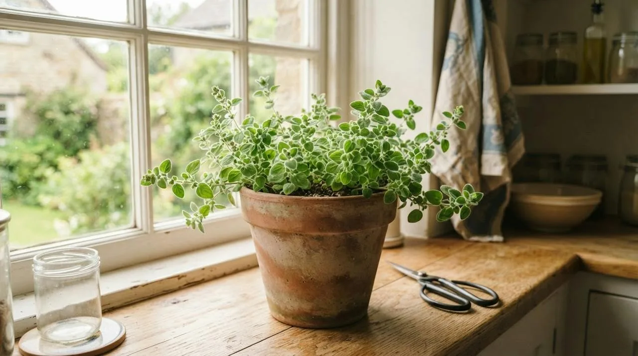 A terracotta pot of fresh Greek oregano growing on a sunny windowsill with kitchen scissors beside it