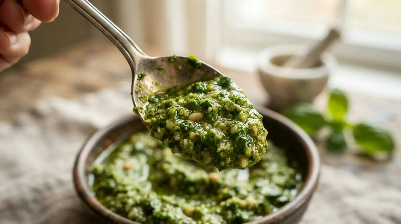 The back of a spoon coated in coarse-creamy green pesto with tiny visible pieces of basil and pine nut