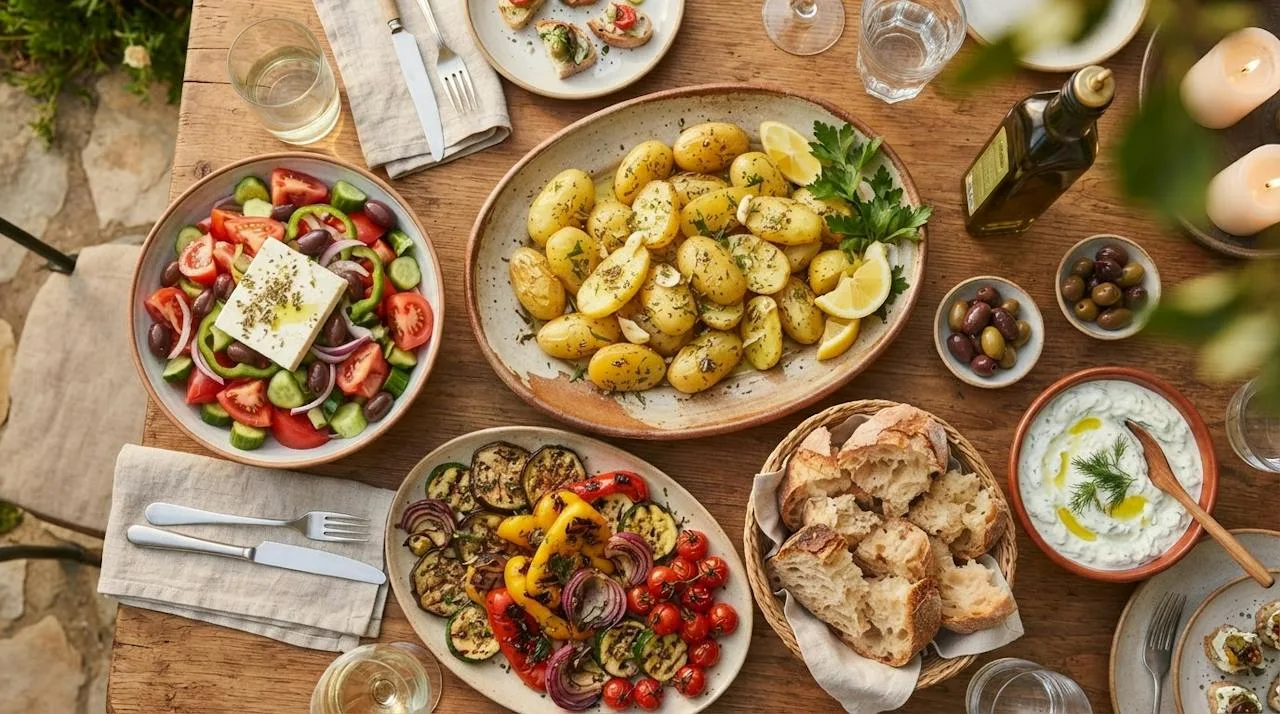 A Greek dinner table with lemon potatoes, grilled vegetables, Greek salad with feta and crusty bread
