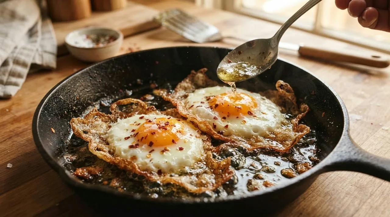 Eggs frying in olive oil with crispy lacy golden edges, being basted with a spoon