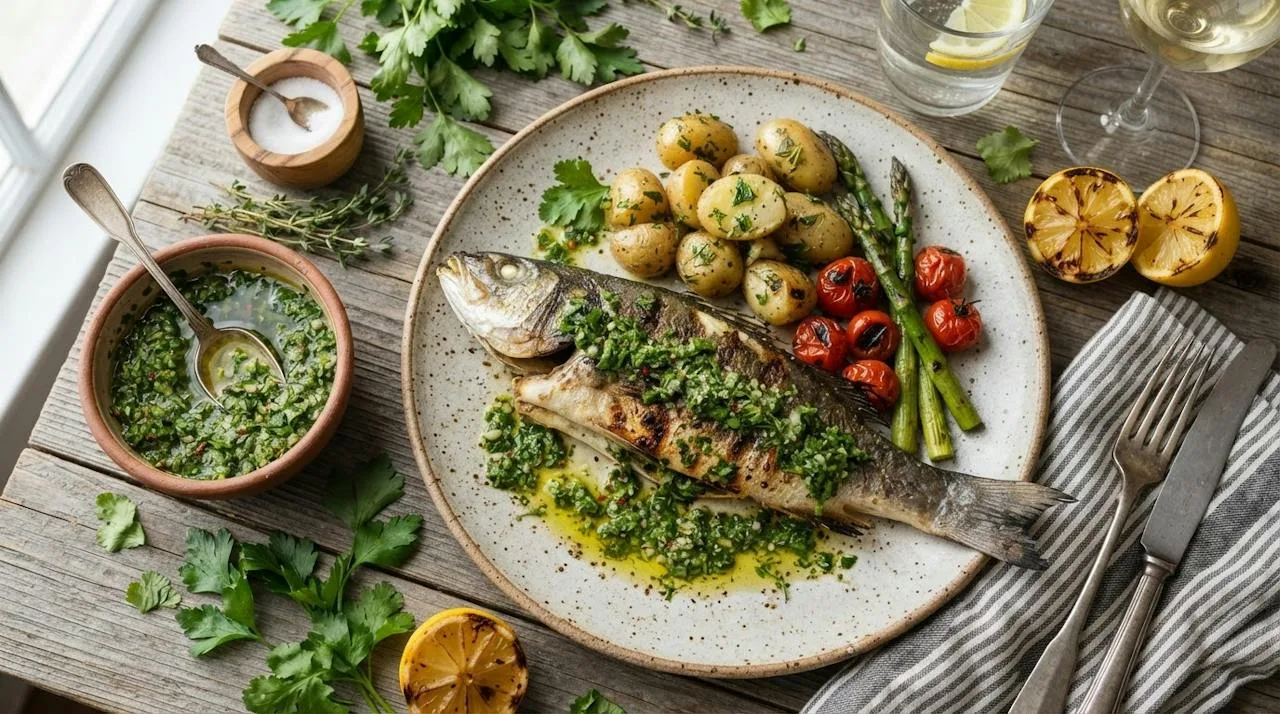 A bowl of green herb sauce with parsley, cilantro, garlic, lemon and olive oil spooned over grilled fish
