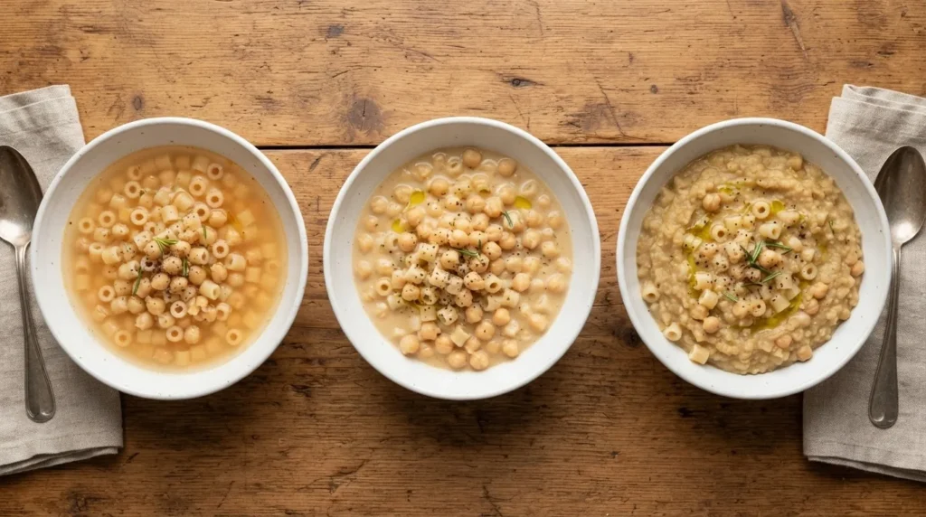 Three bowls of pasta e ceci side by side: brothy, creamy and loose, and very thick