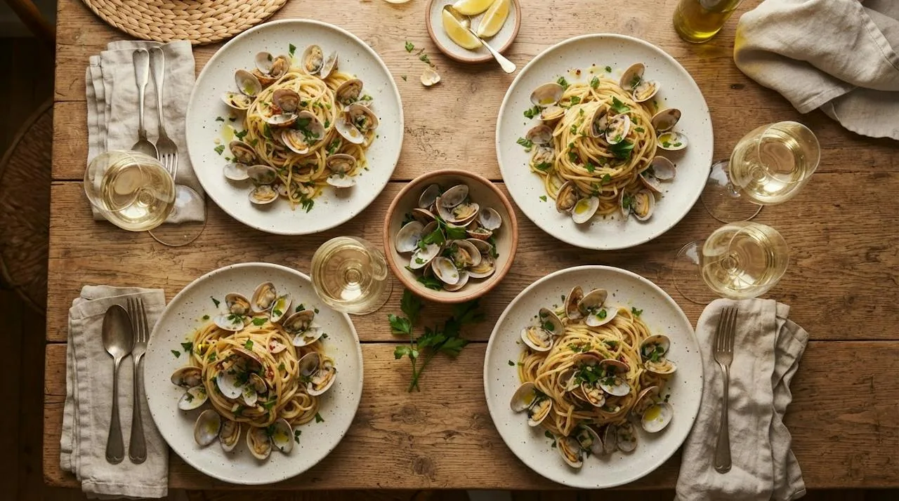 Four plates of spaghetti alle vongole on a dinner table with a bowl for empty shells and glasses of white wine