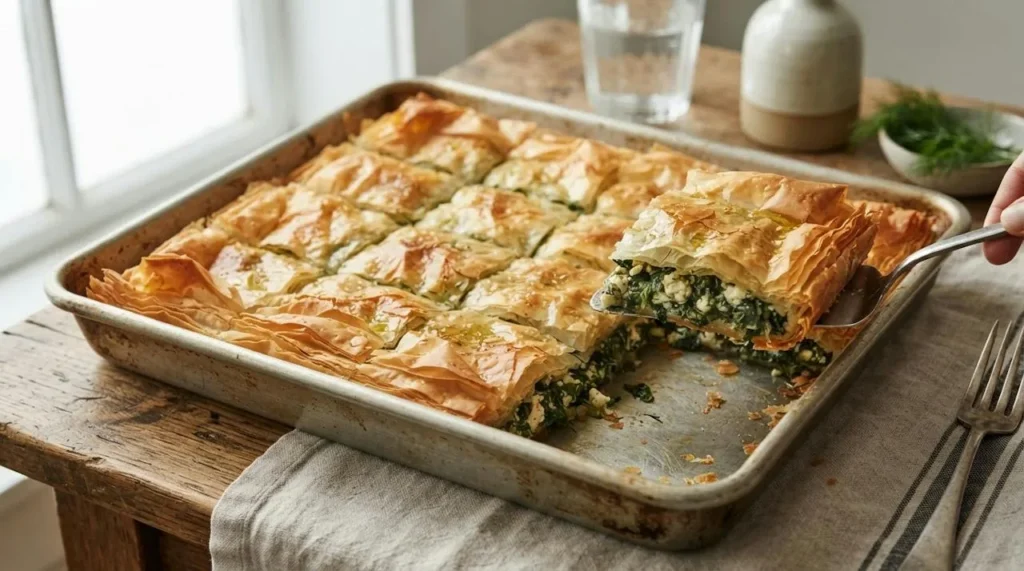 Golden spanakopita in a metal pan, scored into squares, with one piece lifted to show the spinach and feta filling