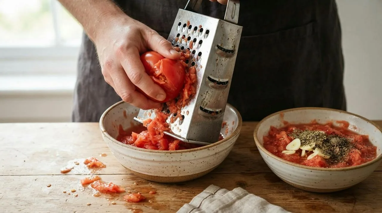 Ripe tomatoes being grated into a bowl next to grated tomato with sliced garlic and dried oregano