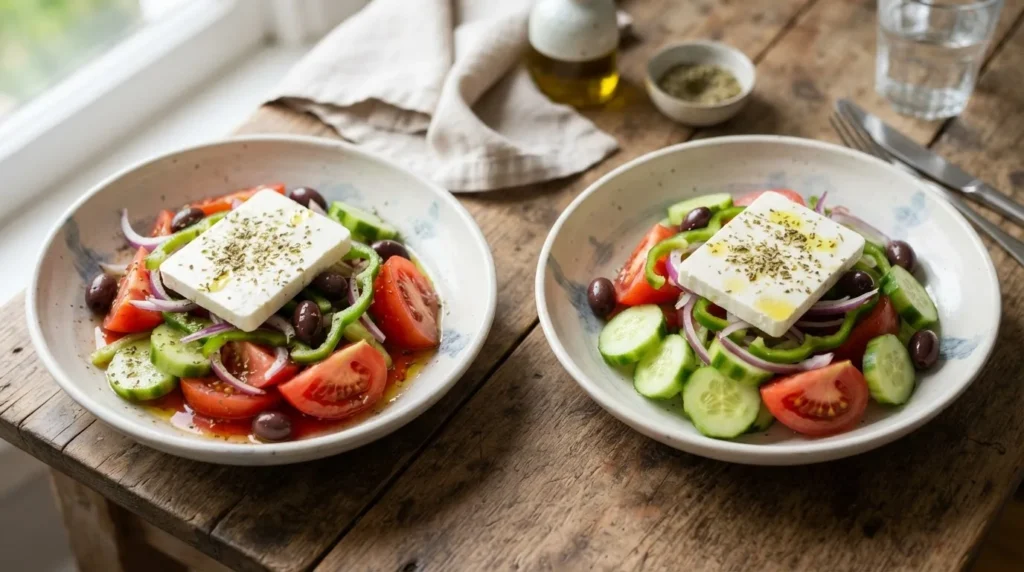 Two bowls of Greek salad side by side, one with tomato juice pooled at the bottom and one drier and crisper