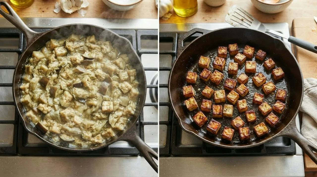 An overcrowded skillet of pale, steaming eggplant next to a single layer of browned eggplant cubes