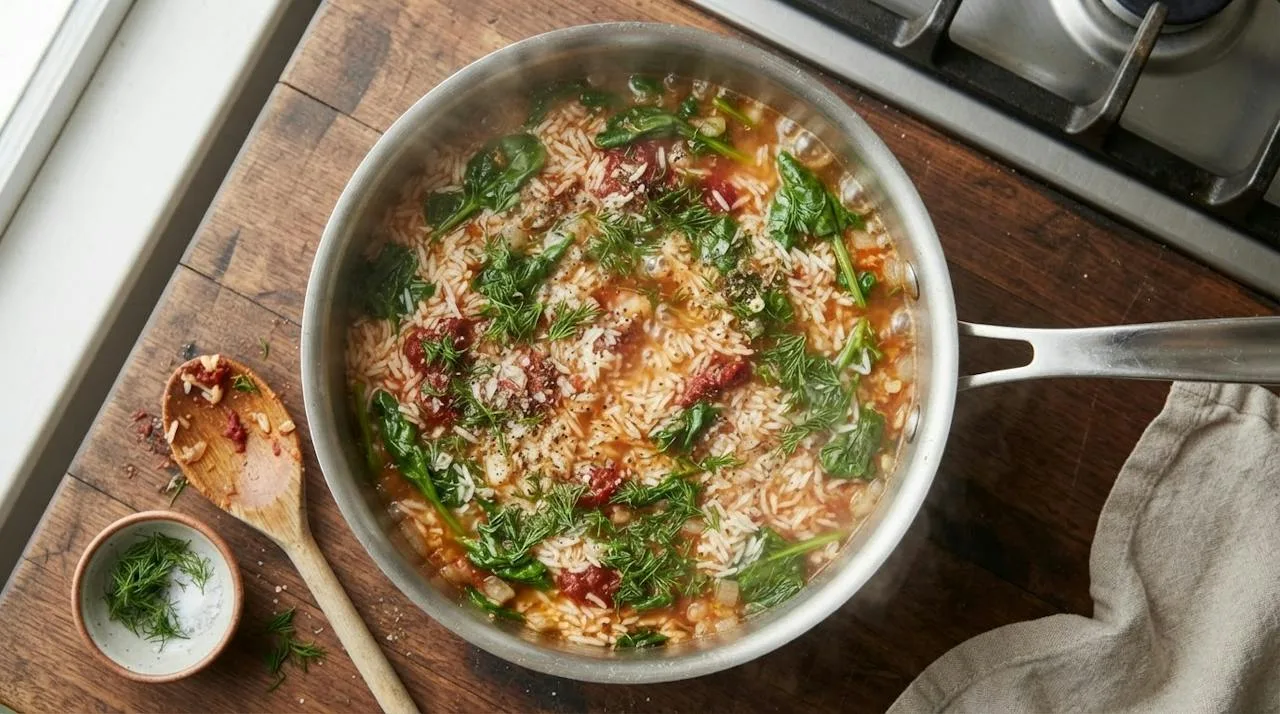 Rice, wilted spinach, tomato and water with dill gently simmering in a saucepan before the lid goes on