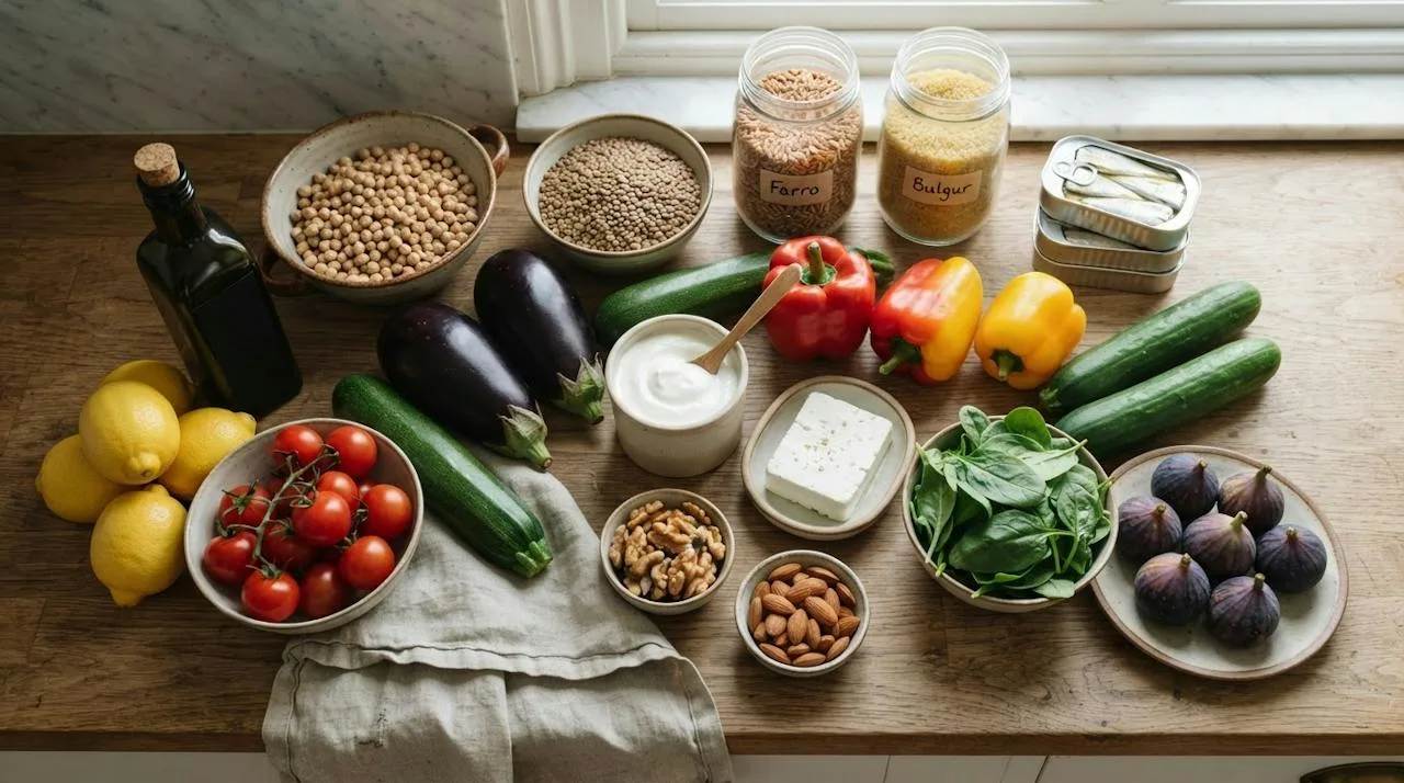 Mediterranean groceries on a counter including chickpeas, lentils, farro, olive oil, lemons, vegetables, yogurt, feta, nuts and figs