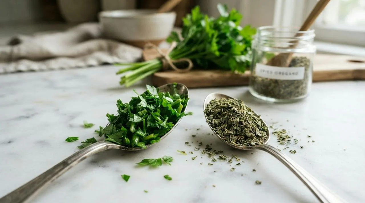 A tablespoon of chopped fresh herbs next to a teaspoon of crumbled dried herbs on a marble counter