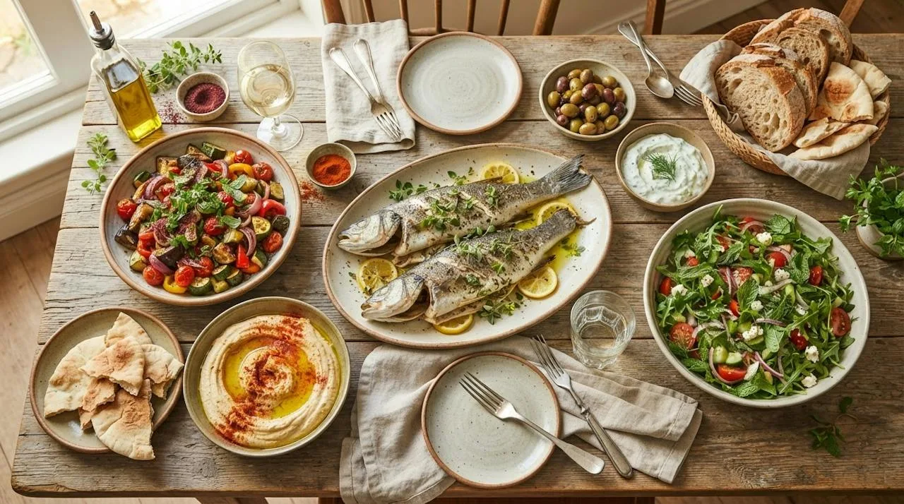 A Mediterranean spread of roasted vegetables with sumac and parsley, grilled fish with oregano and lemon, hummus with paprika and an herb salad