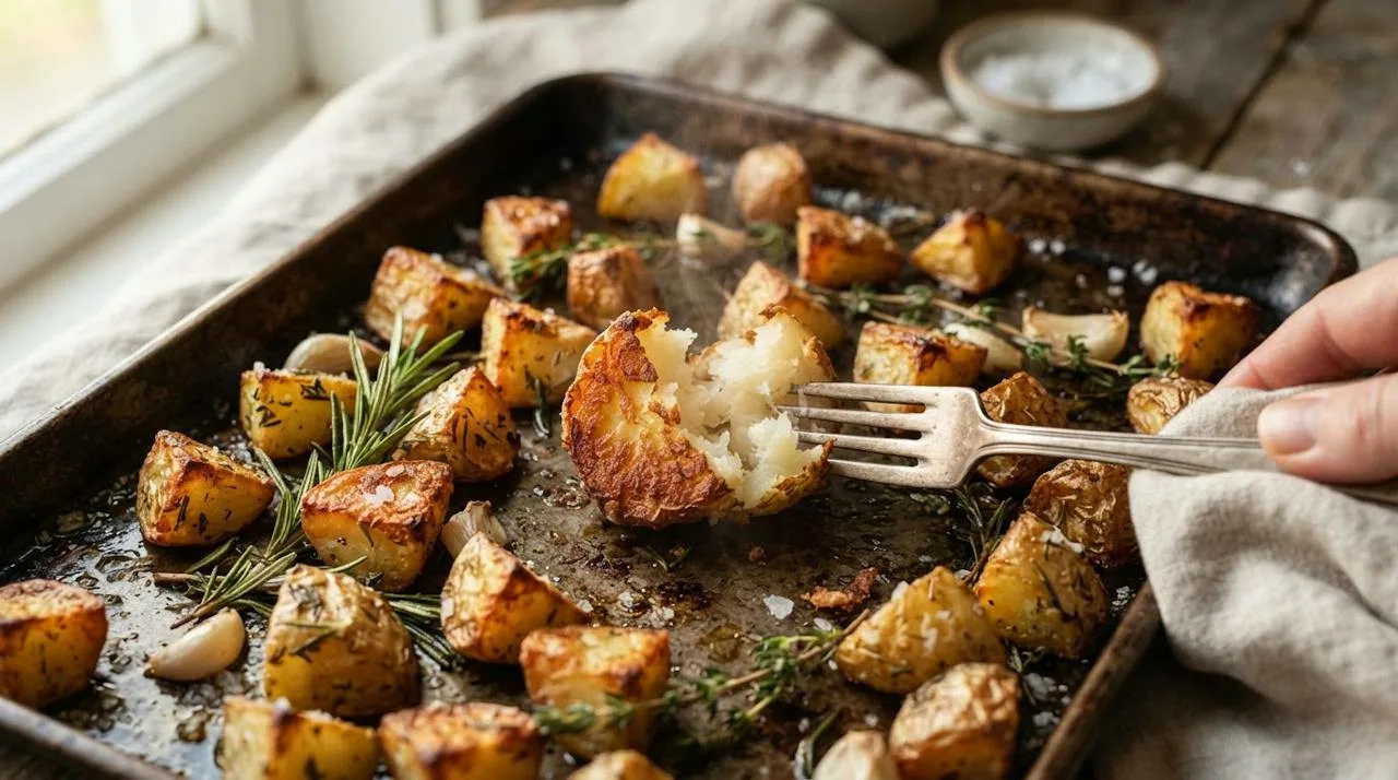 Crispy roasted potato cubes with a golden crisp underside and fluffy interior