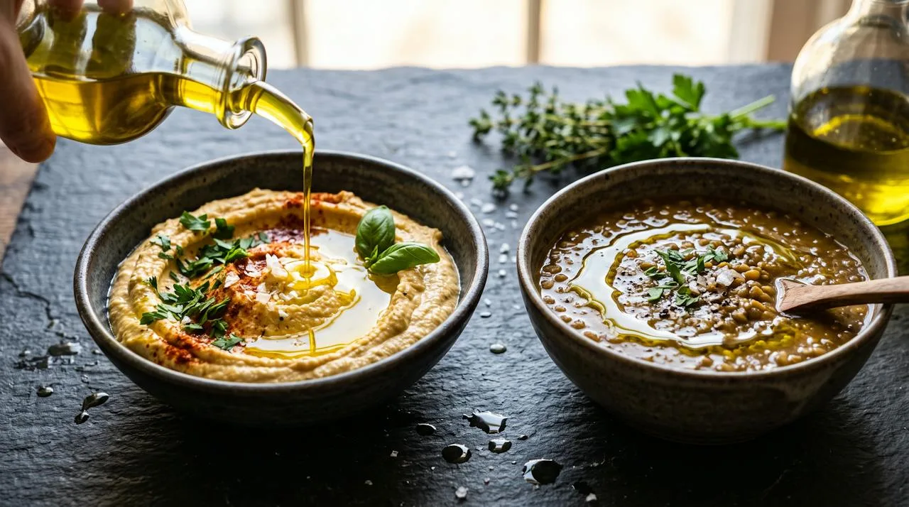A thin golden stream of peppery green olive oil drizzled over creamy hummus and lentil soup, backlit so the oil glows