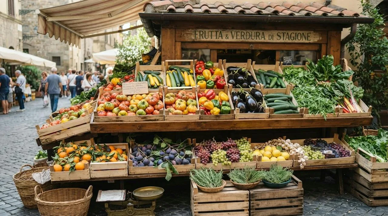 A market stall with wooden crates of tomatoes, zucchini, peppers, eggplant, cucumbers, greens, oranges, figs and grapes