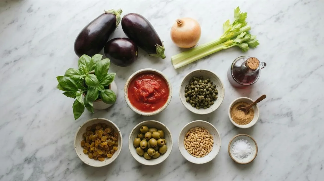 Caponata ingredients in small ceramic bowls on marble: eggplant, onion, celery, crushed tomatoes, capers, green olives, raisins, pine nuts, vinegar, brown sugar, basil and olive oil