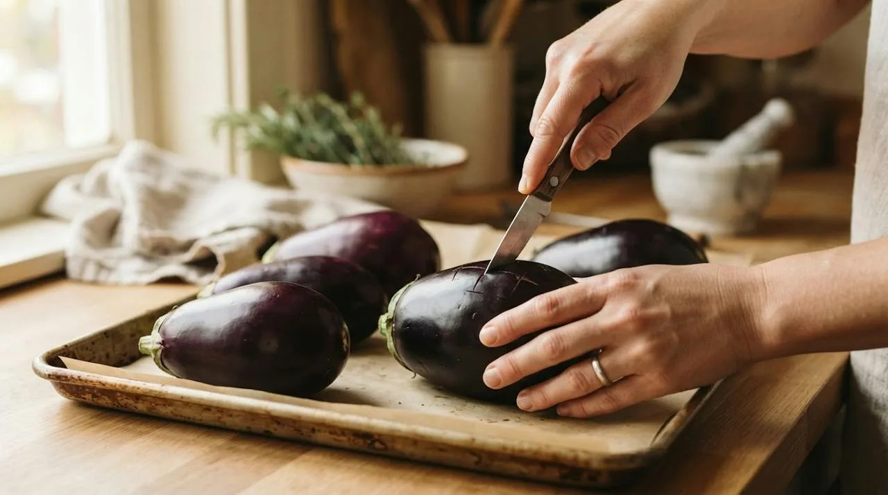 Hands piercing whole raw globe eggplants with a paring knife on a baking tray