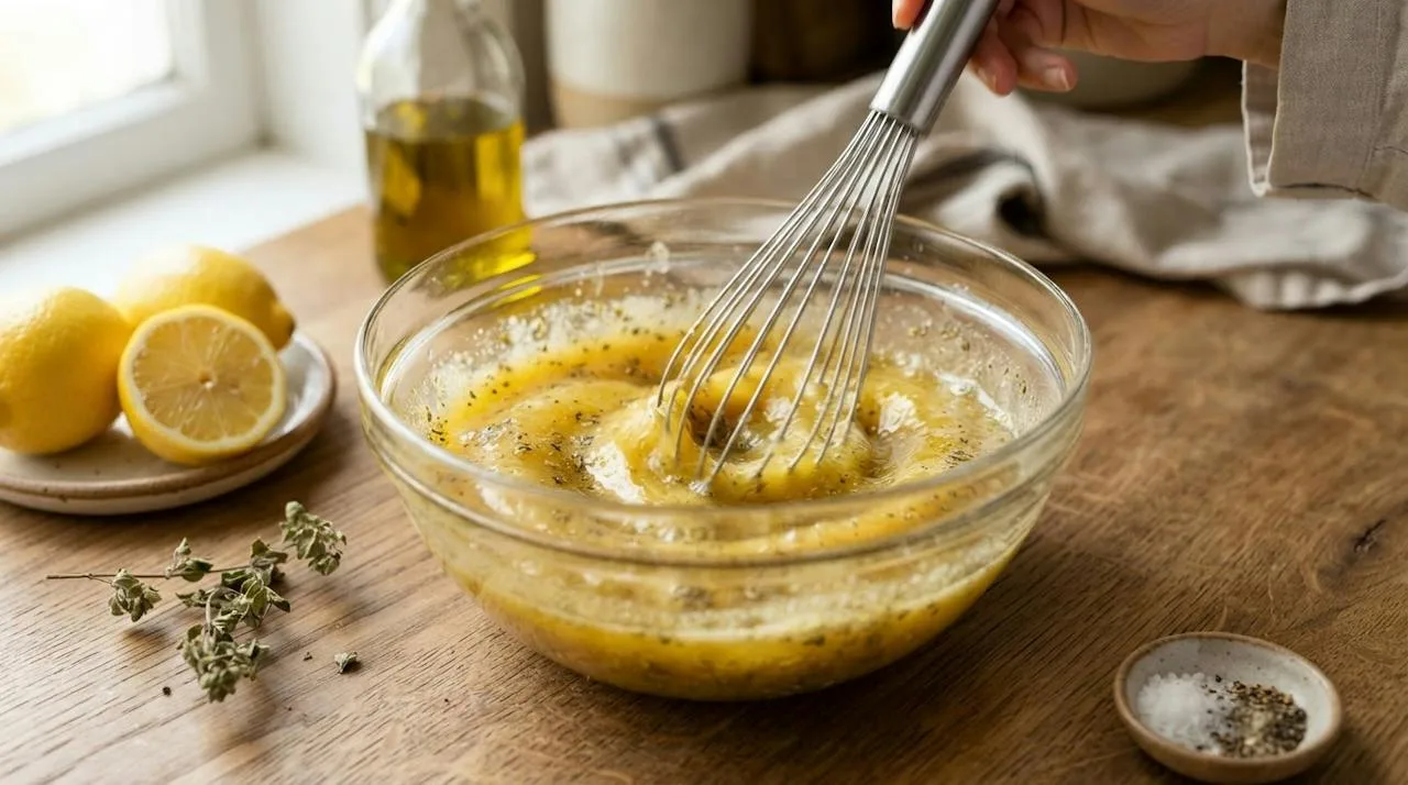 A whisk mixing lemon juice, water, olive oil, mustard and oregano in a glass bowl