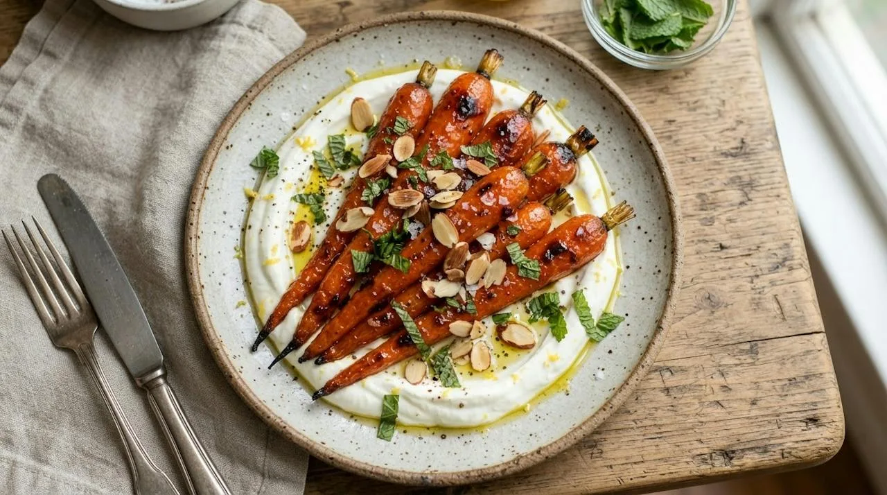 Moroccan spiced roasted carrots with cumin and harissa glaze over yogurt, topped with mint and toasted almonds
