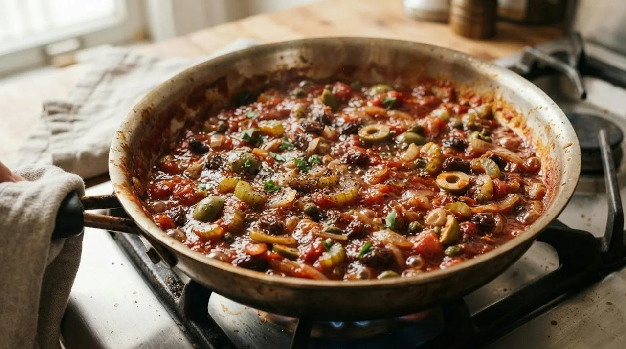 Thick, glossy tomato sauce with soft celery, onion, olives, capers and raisins in a stainless-steel skillet