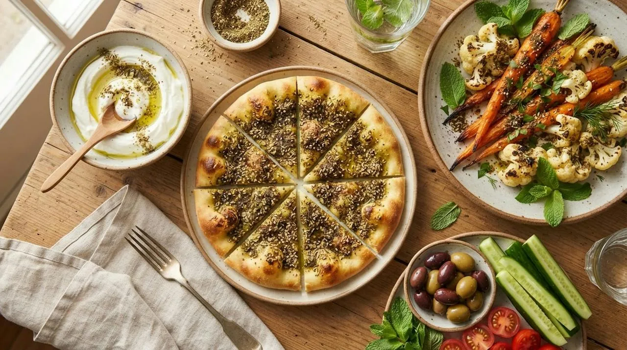 A Levantine spread with za'atar flatbread, labneh sprinkled with za'atar, roasted vegetables with za'atar, cucumbers and olives