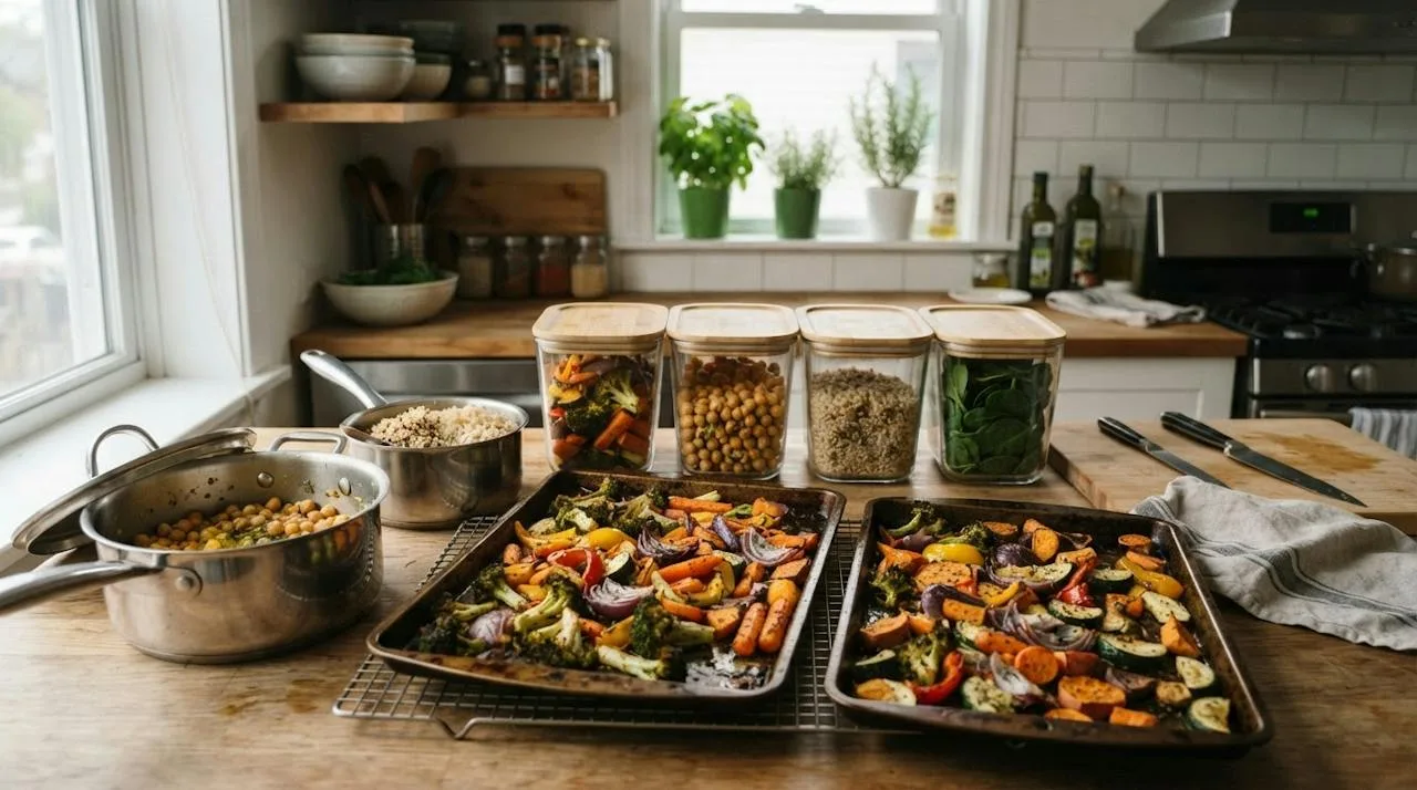 A home kitchen counter with two trays of roasted vegetables cooling, a pot of cooked chickpeas, grains, and labeled glass storage containers