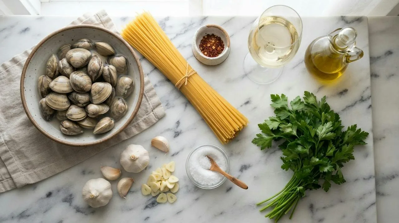 Live Manila clams, dry spaghetti, garlic, chili flakes, white wine, olive oil, parsley and salt on a marble surface