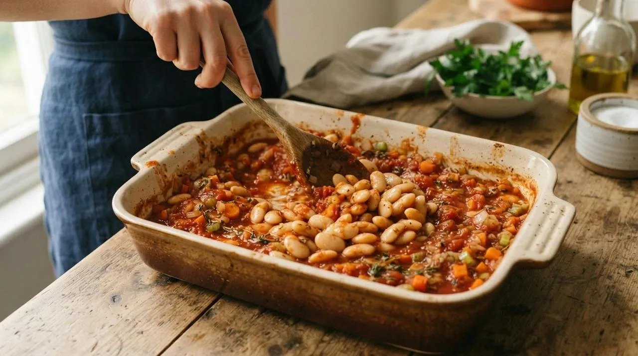 Cooked butter beans being folded into a thick tomato sauce with carrot, celery and onion in a ceramic baking dish