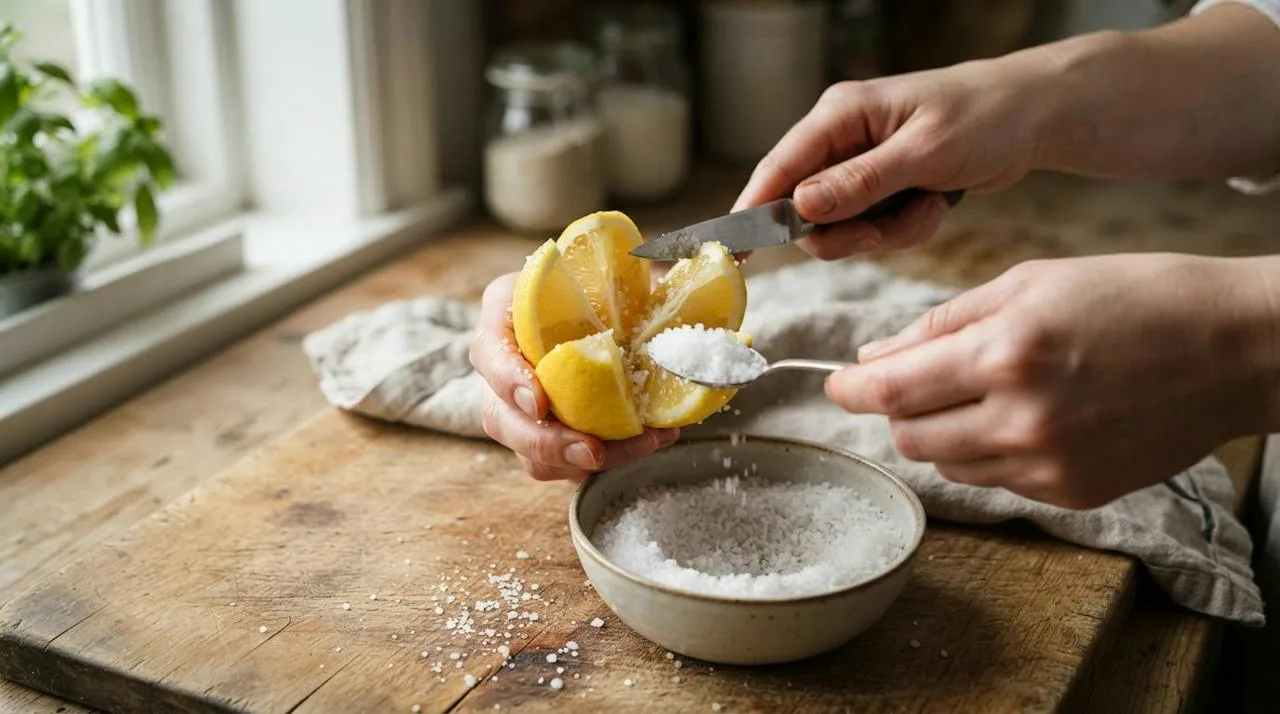 Hands cutting a lemon into quarters from the tip, stopping before the base so it opens like a flower, and stuffing coarse salt into the center