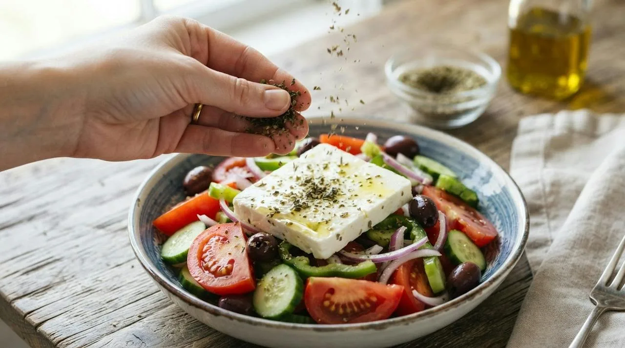 Fingers crumbling dried Greek oregano over a Greek salad with tomatoes, cucumber, olives and feta